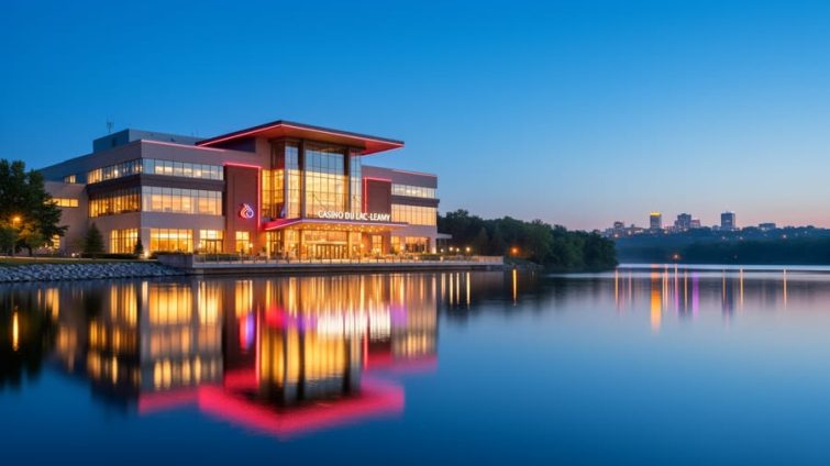 Blue-hour waterfront view of Casino du Lac-Leamy with warm lights reflected on the lake, with distant treeline and Ottawa-Gatineau skyline lights softly visible, no readable signage.