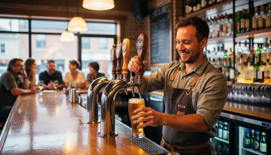 Bartender pouring a cold craft beer into a frosted glass with patrons in the background