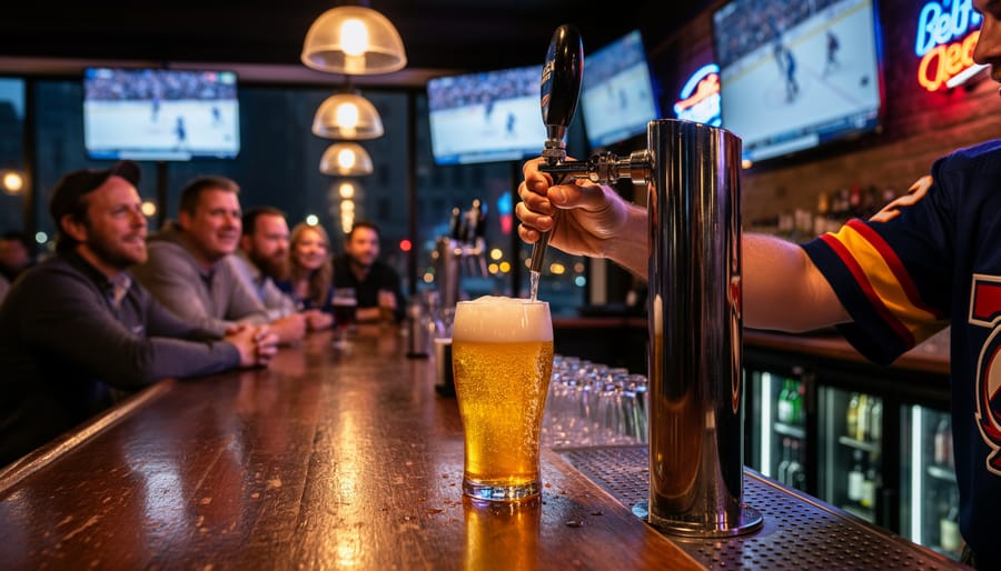 Bartender pouring beer at a downtown sports bar with patrons in the background.