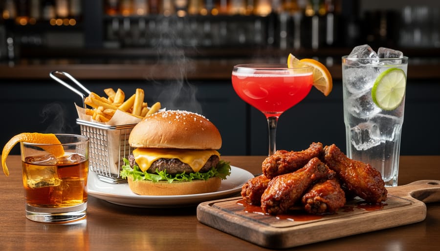 Close-up of pub-style food and a cocktail on a bar table