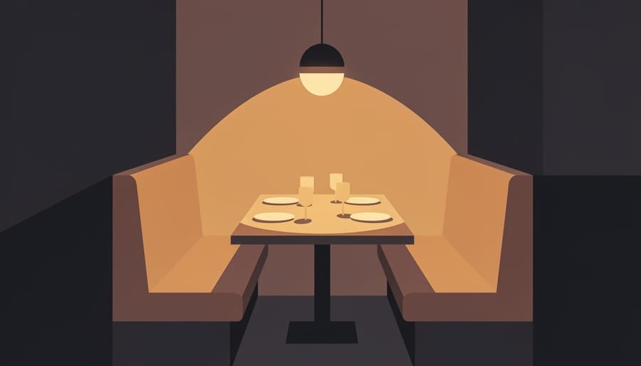 Cozy booth in a tavern with warm lighting and steaming appetizers on the table.