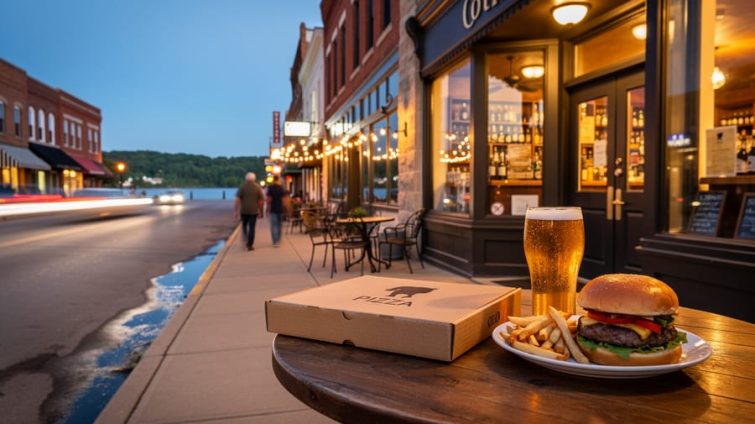“Downtown Ottawa, Illinois at dusk with warm storefront lights, a riverside patio, and bar-food plates and drinks on a streetside table.”