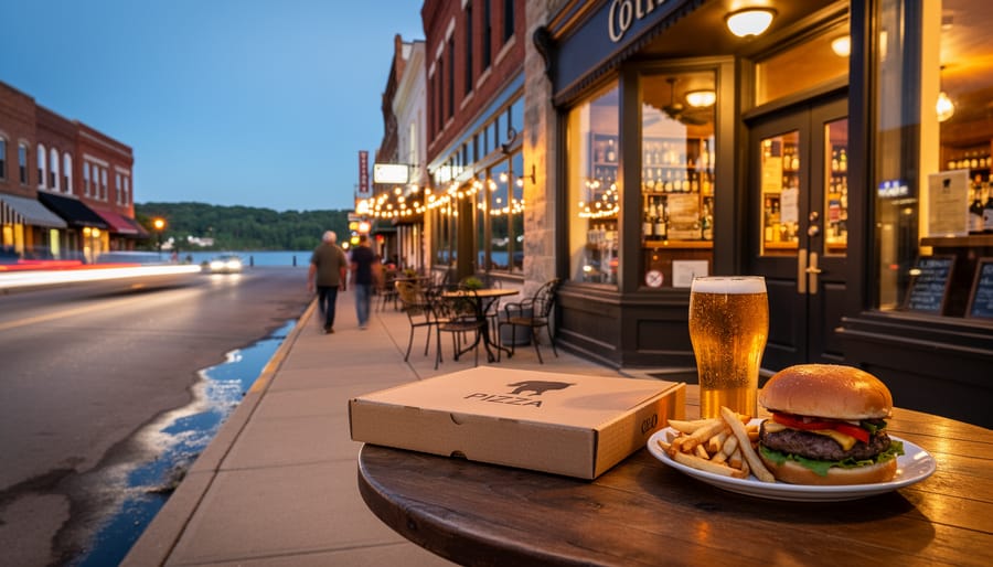 “Downtown Ottawa, Illinois at dusk with warm storefront lights, a riverside patio, and bar-food plates and drinks on a streetside table.”