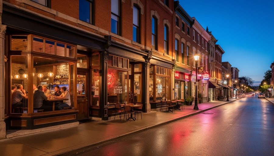 Downtown Ottawa, Illinois street scene at dusk with warm storefront lights and evening pedestrians.