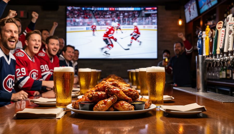 Friends at a sports bar with wings and craft beer while watching a large TV