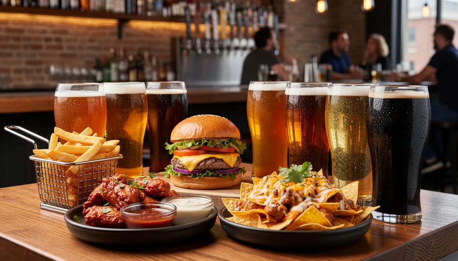 Loaded fries, wings, and pint glasses of craft beer on a bar restaurant table.