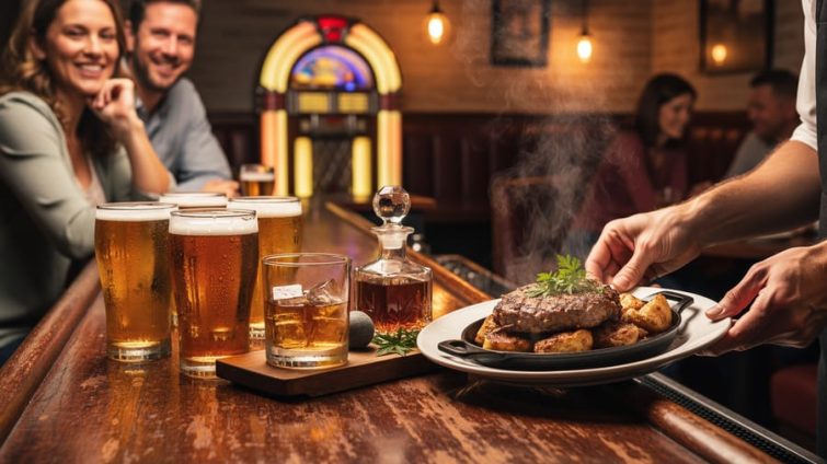 Ice-cold craft beer and a plate of bar food on a rustic counter with a warm, lively local bar atmosphere in the background