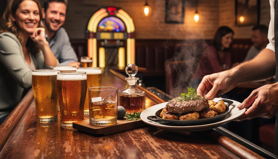 Ice-cold craft beer and a plate of bar food on a rustic counter with a warm, lively local bar atmosphere in the background