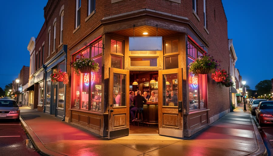 Warmly lit bar entrance at night with a view into a cozy interior
