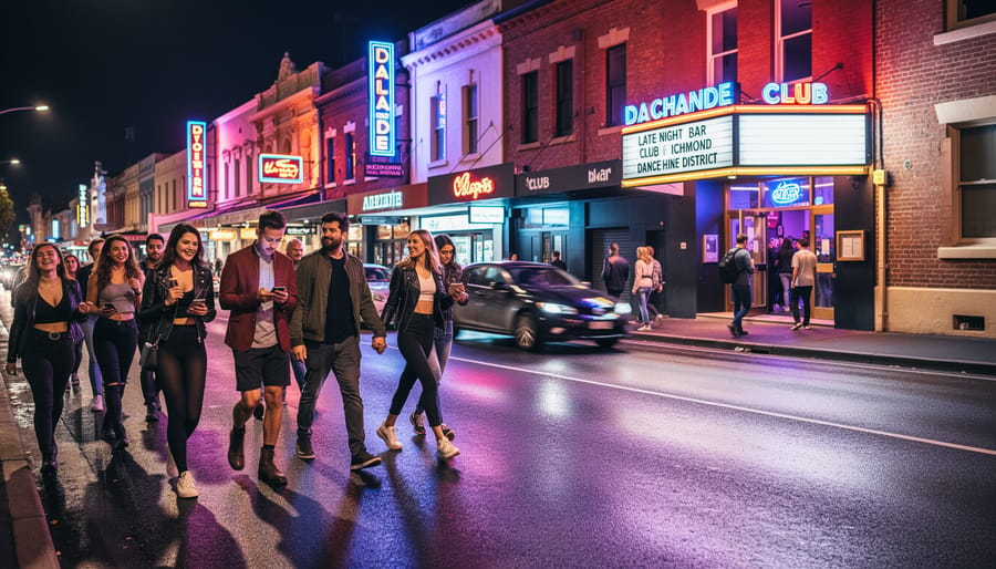 Partygoers entering a nightclub area at night with colorful neon lighting and wet pavement reflections.