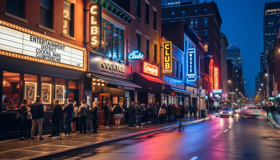 A nighttime street scene with multiple venue entrances and warm and cool lighting reflecting on glass and brick.