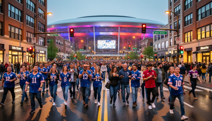 Fans gathered near an arena building at night with crowd silhouettes and bright stadium lighting.