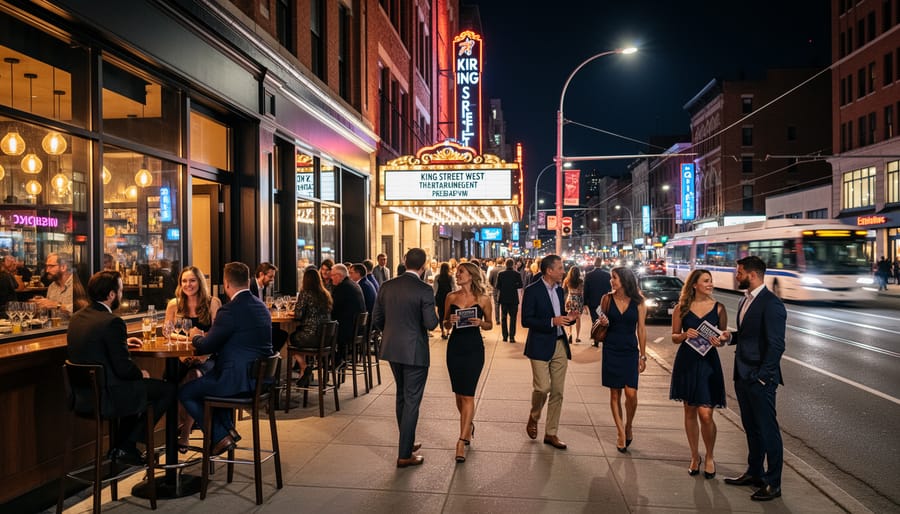 Theatregoers walking along a brightly lit street on King Street West at night with bokeh lights in the background.