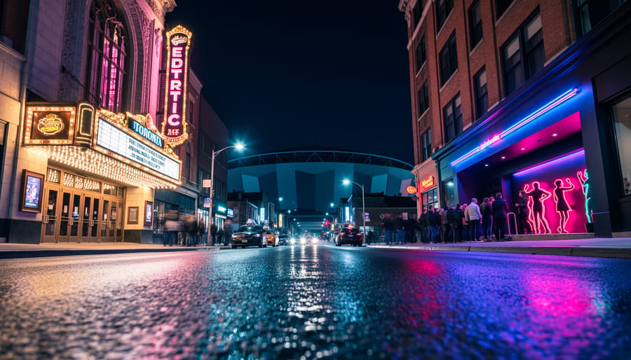 Nighttime street view in Toronto’s Entertainment District with neon-lit theatre and nightclub entrances and venue silhouettes under glowing streetlights.