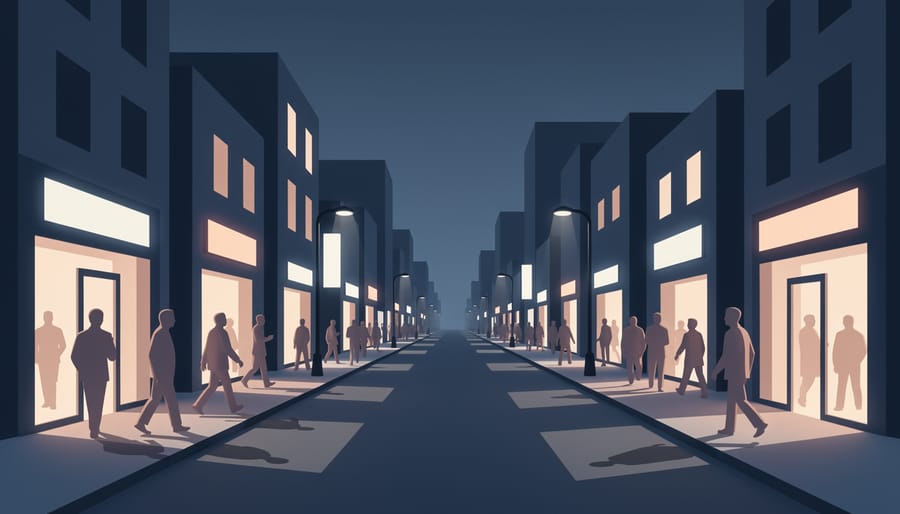 Wide nighttime view of downtown entertainment streets with glowing windows and light trails from moving pedestrians.