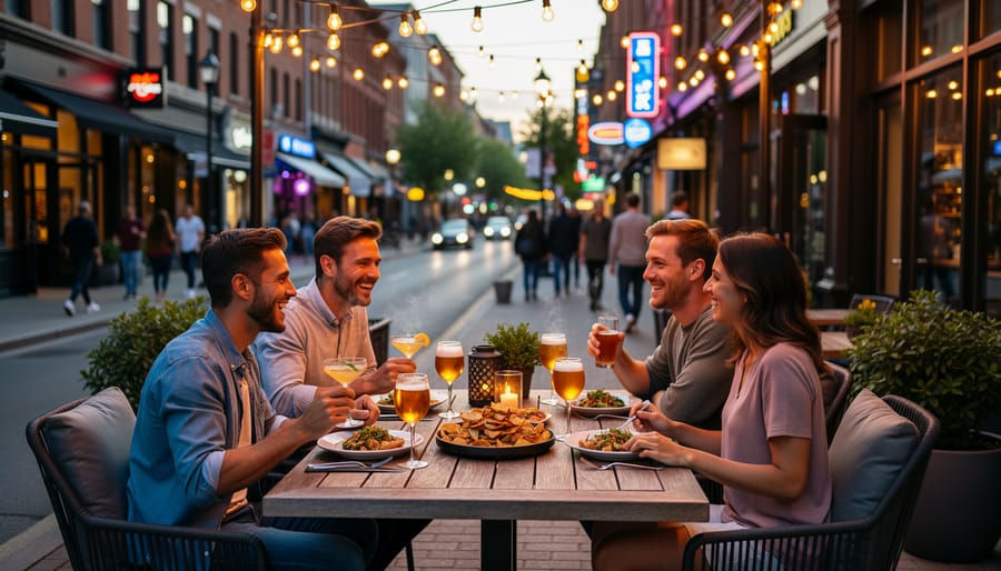 People dining and socializing at a warmly lit patio with string lights along Wellington Street at night.