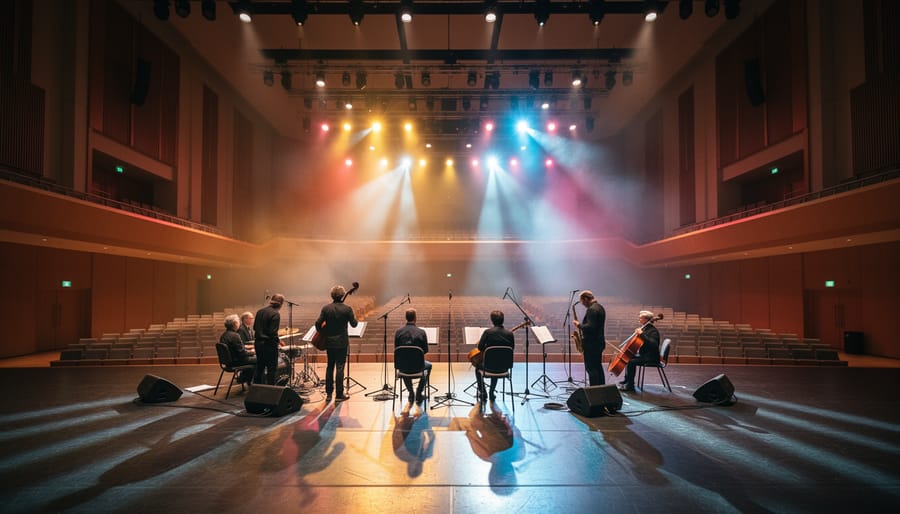 Concert musicians and conductor performing on the Queen Elizabeth Theatre stage under spotlights