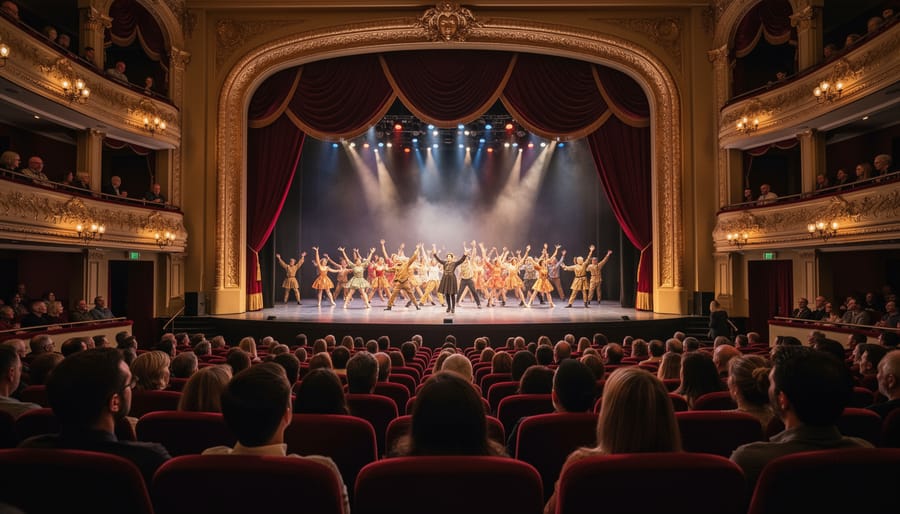 Interior view of the Queen Elizabeth Theatre stage during a musical performance with warm stage lighting