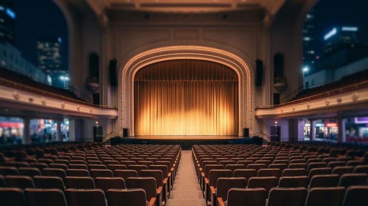 View from the audience toward the stage inside the Queen Elizabeth Theatre in downtown Toronto, with warm theatrical lighting and seated seating in the foreground.