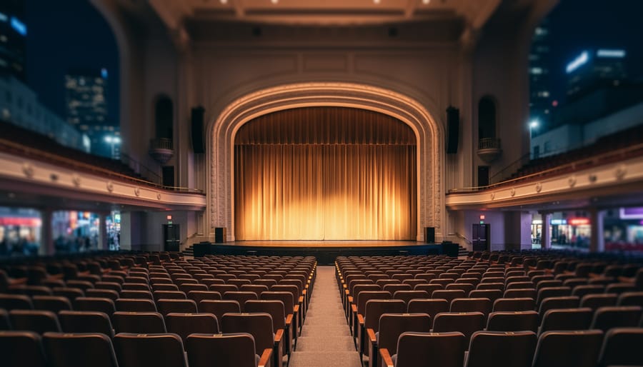View from the audience toward the stage inside the Queen Elizabeth Theatre in downtown Toronto, with warm theatrical lighting and seated seating in the foreground.