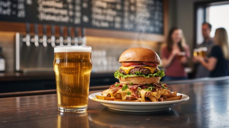 House-brewed craft beer in a pint glass and elevated pub bites served on a dark wooden bar inside a cozy gastropub setting.