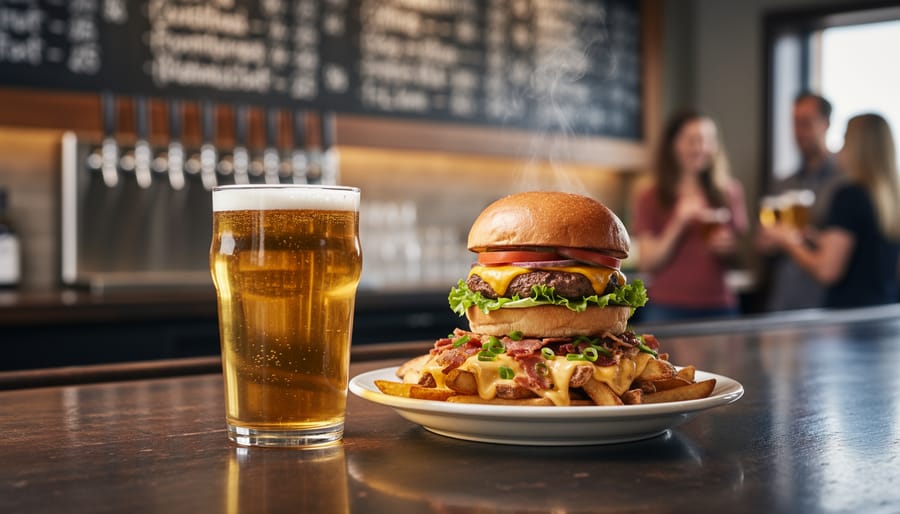House-brewed craft beer in a pint glass and elevated pub bites served on a dark wooden bar inside a cozy gastropub setting.