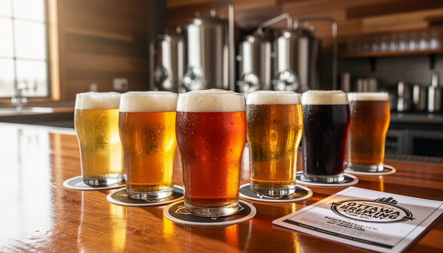 Three house-brewed beers in glassware with visible foam and condensation on a taproom counter