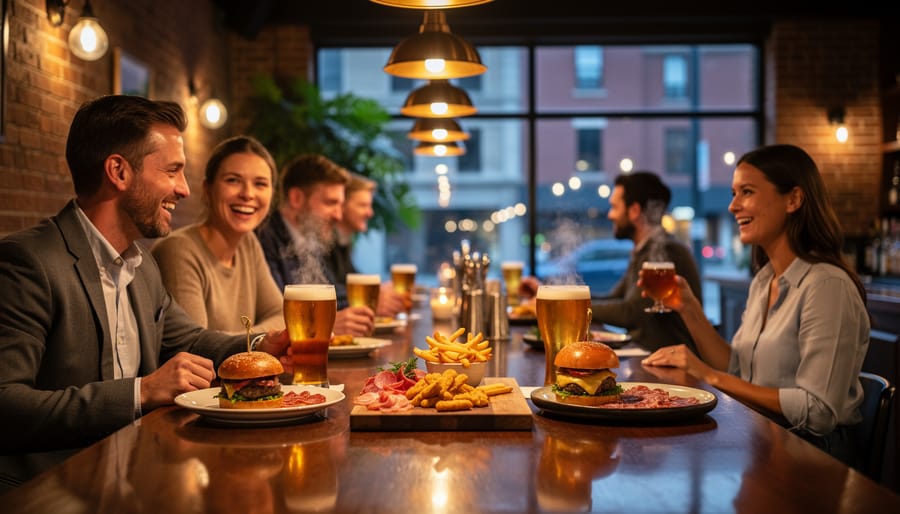 Warmly lit gastropub patio with diners enjoying beer and food at night