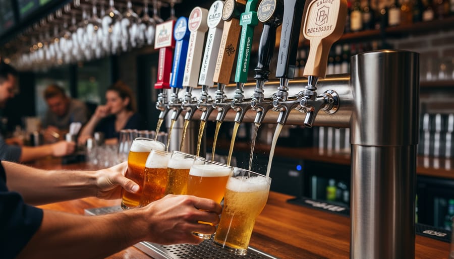 Draft taps pouring beer into pints at a lively craft beer bar counter
