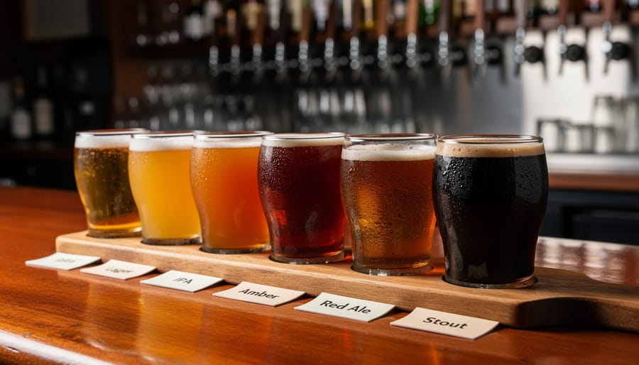 Beer tasting flight with four different mini pours on a wooden paddle